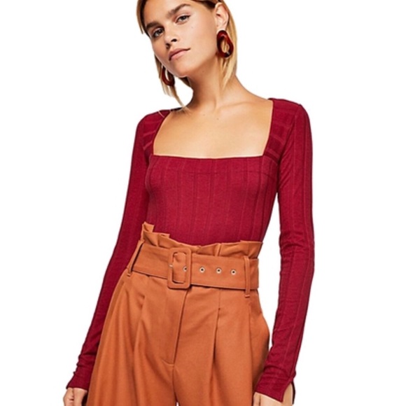 Free People Tops - FREE PEOPLE Beside Me Sleek Long Sleeve Ribbed One Piece Square Neck Bodysuit
